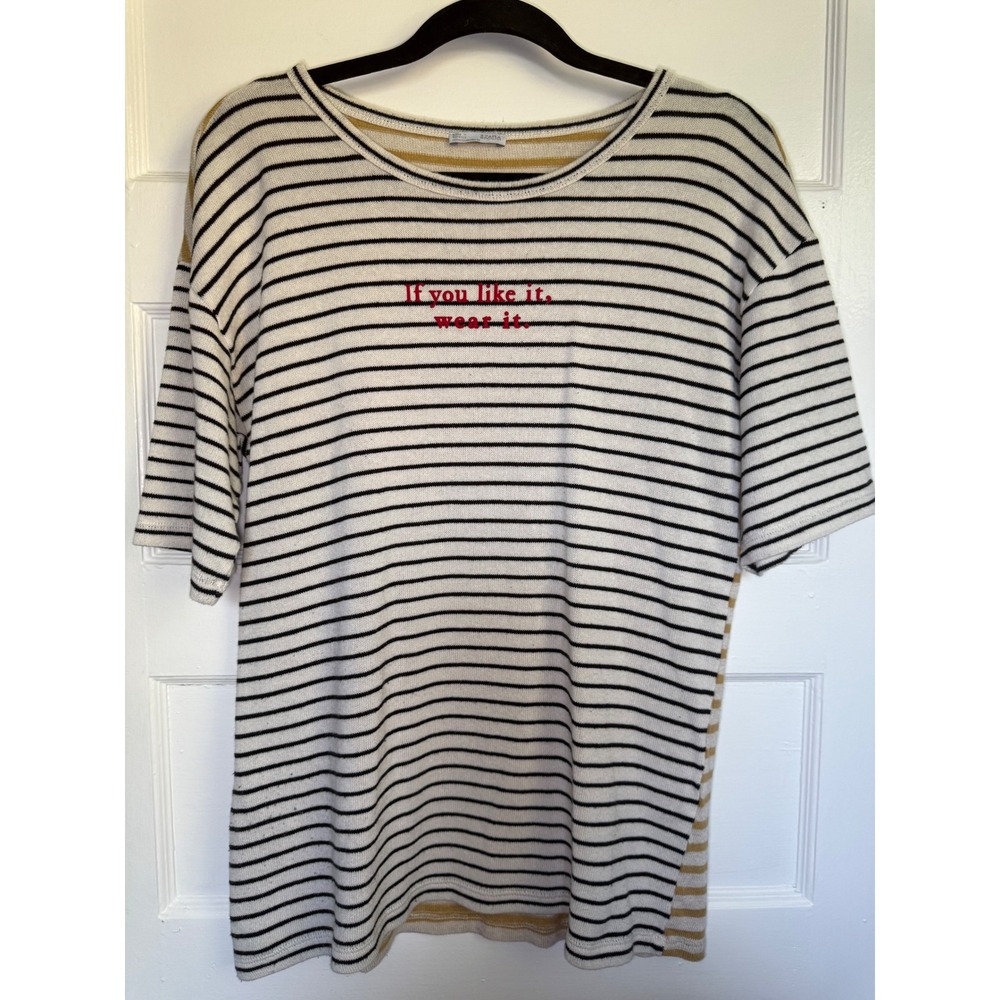 Zara WB Collection Striped Knit Top Red Graphic Quote Short Sleeve Medium